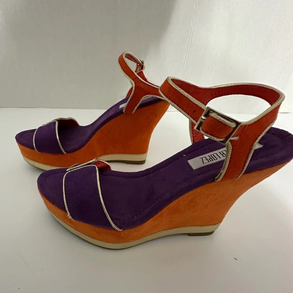Jennifer Lopez Purple Orange Suede Platform Wedge Sandals Gold Trim Size 6.5